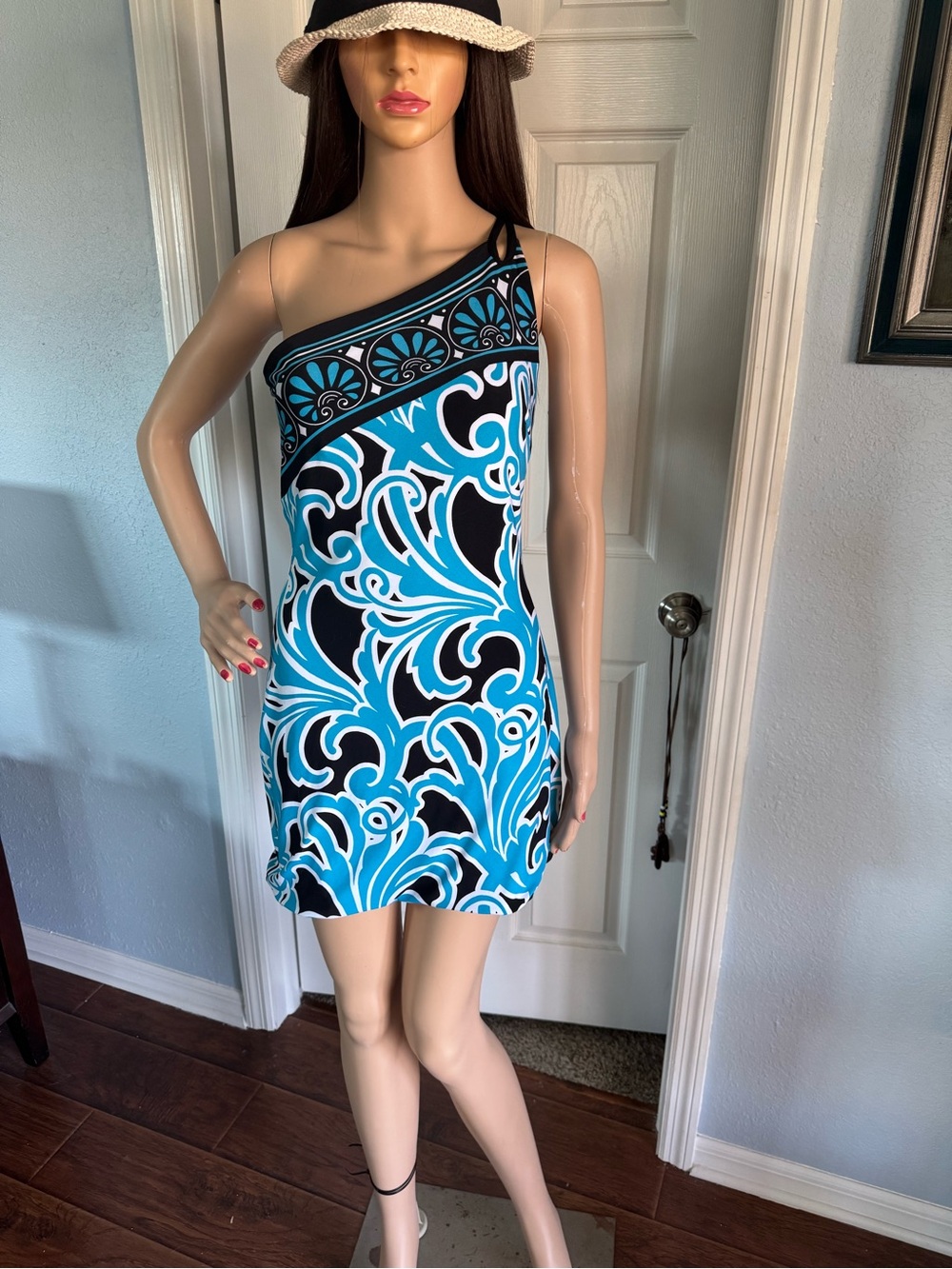 Cache One-Shoulder Turquoise and Black Swirl Dress
